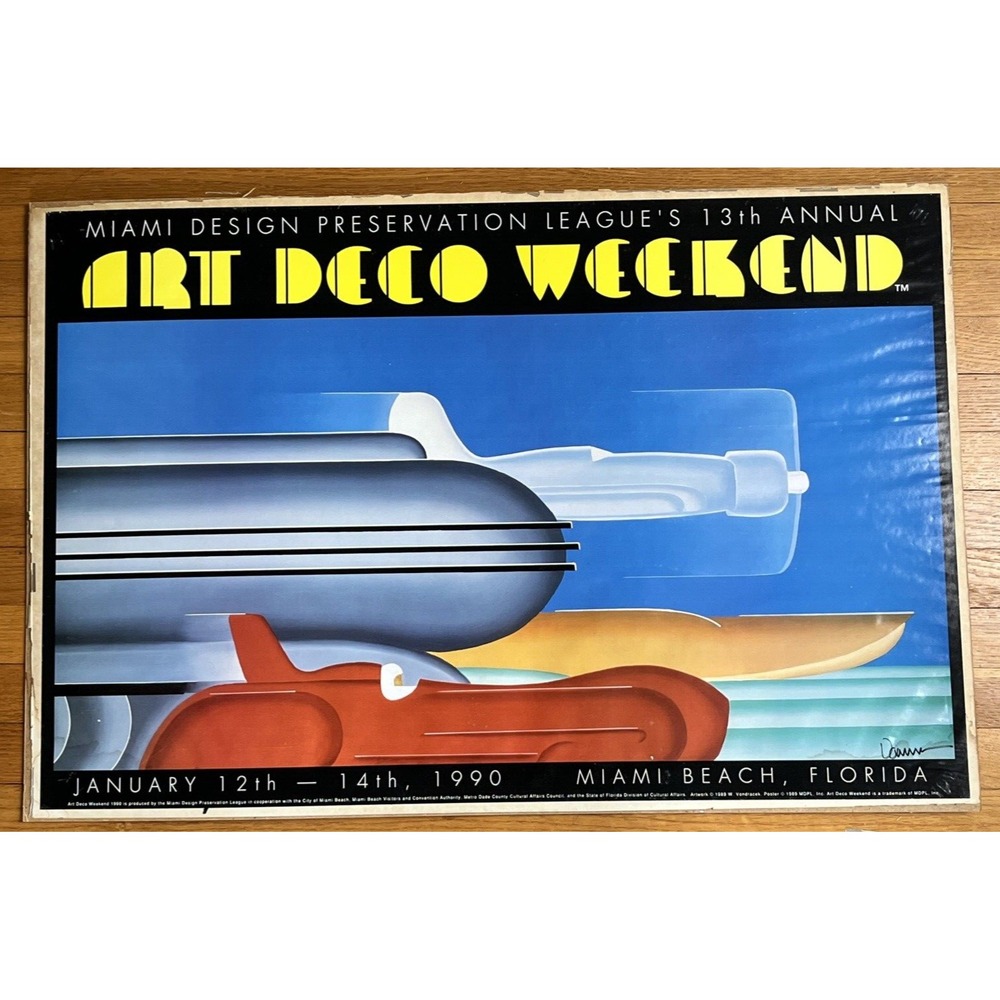 vintage Woody Vondracek Miami Design League's 13th Annual Art Deco, 1990 poster